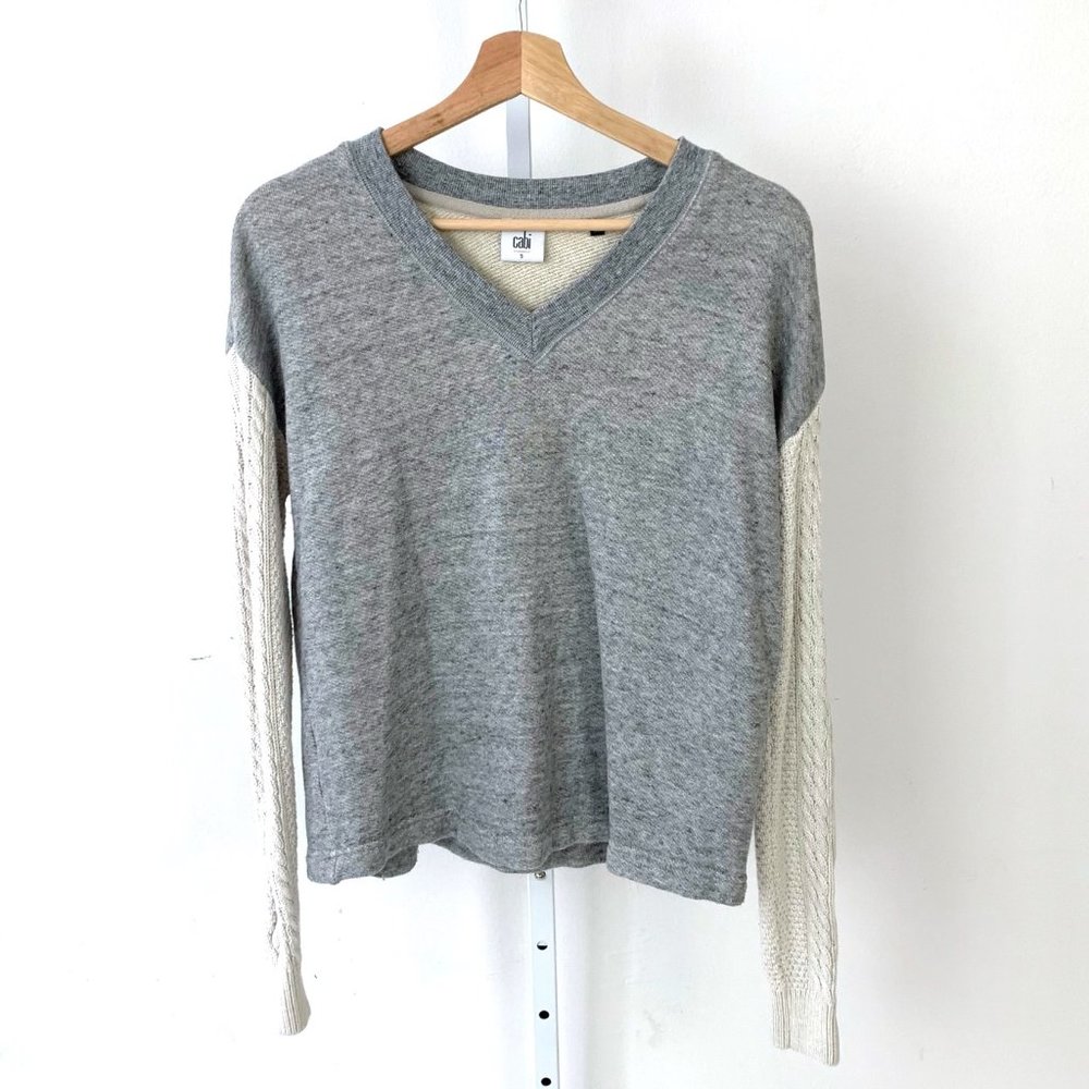 COPY - CAbi Fusion Cable Knit Sweater 3710 V-Neck Pullover Cotton Terry Gray Cr…